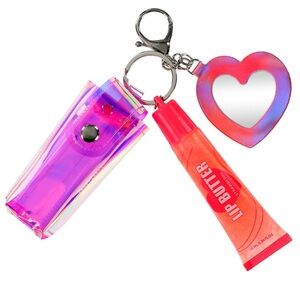 Strawberry Lip Butter Keychain Set with Heart Mirror and Lipstick Holder